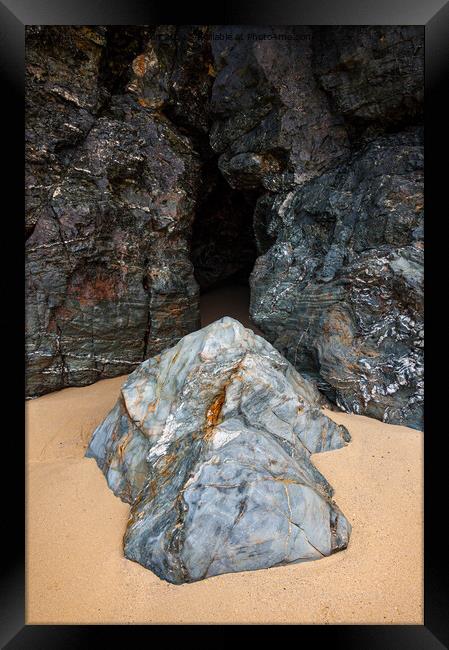 Cave in the cliffs at Perranporth, Cornwall Framed Print by Andrew Kearton
