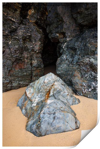 Cave in the cliffs at Perranporth, Cornwall Print by Andrew Kearton