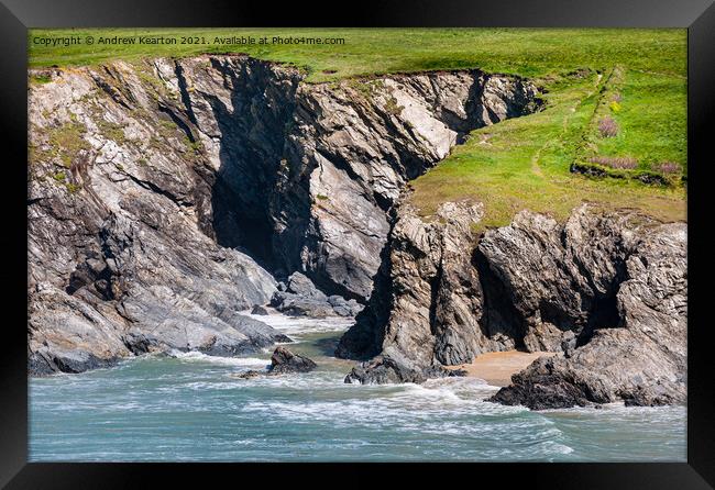 Cliffs at Porth Joke beach, Cornwall Framed Print by Andrew Kearton