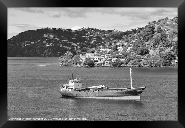 freighter island of grenada in  monochrome Framed Print by keith hannant