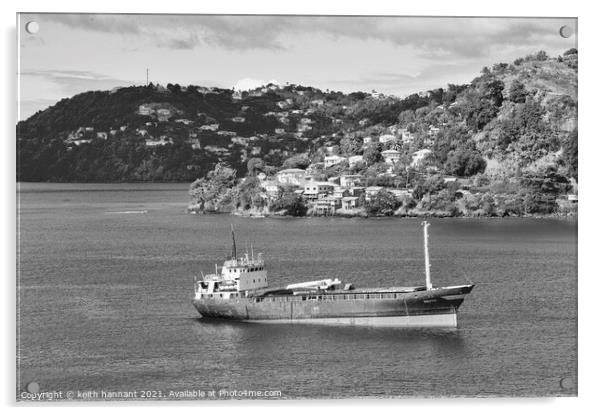 freighter island of grenada in  monochrome Acrylic by keith hannant