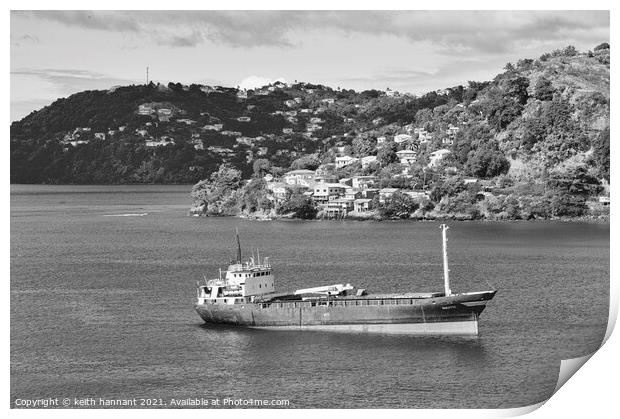 freighter island of grenada in  monochrome Print by keith hannant