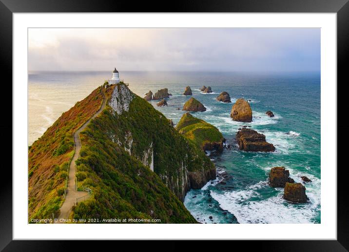 Nugget Point and lighthouse with sunrise at South Island, New Zealand Framed Mounted Print by Chun Ju Wu