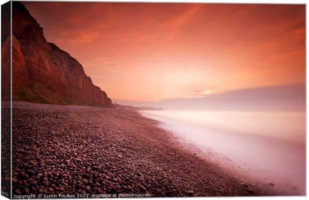 The beach at sunrise, Budleigh Salterton, Devon Canvas Print by Justin Foulkes