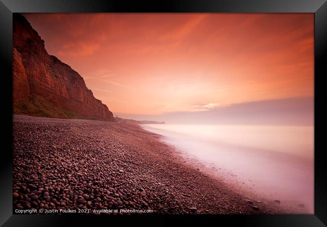 The beach at sunrise, Budleigh Salterton, Devon Framed Print by Justin Foulkes