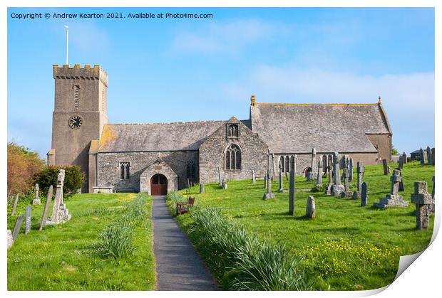 Crantock church, Cornwall Print by Andrew Kearton