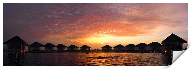 Maldives sunset over water bungelows Print by mark humpage