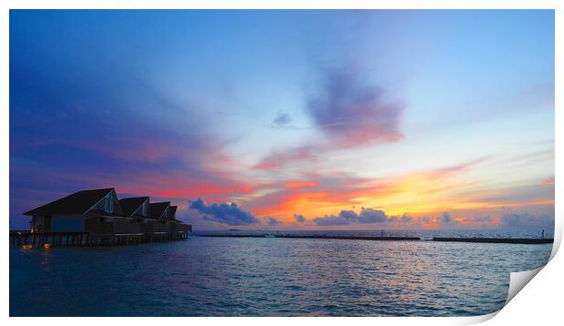 Sunset sea view over Maldives water bungalows  Print by mark humpage