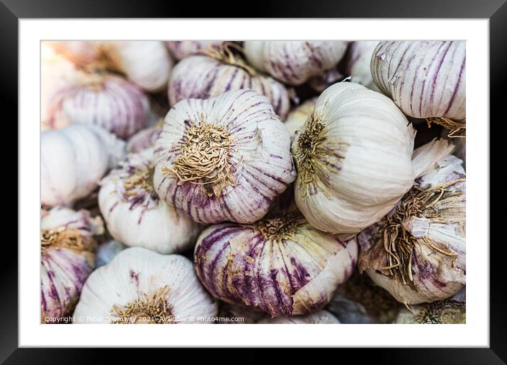 Boxes Of Fresh Garlic On Sale At Borough Market, London Framed Mounted Print by Peter Greenway