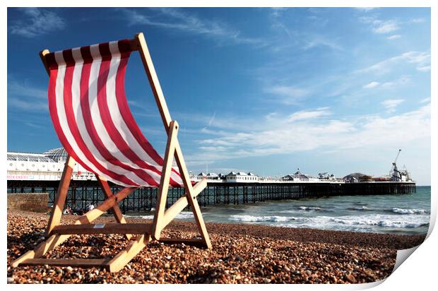 Striped Deckchair on Brighton Beach, England Print by Neil Overy