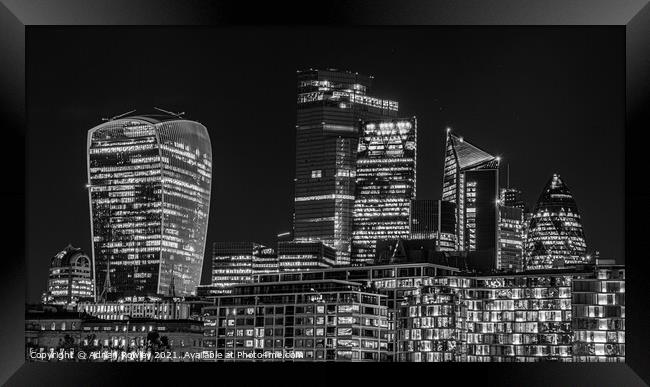 City of London Skyline at dusk in monochrome Framed Print by Adrian Rowley