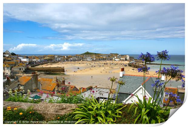 View over the rooftops to St Ives Harbour Print by Brian Pierce