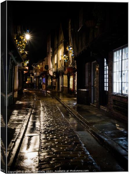 The Famous Medieval 'Shambles' In York At Christmas Canvas Print by Peter Greenway