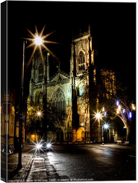 The Famous York Minster Cathedral After Dark In Winter Canvas Print by Peter Greenway
