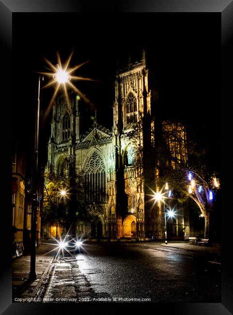 The Famous York Minster Cathedral After Dark In Winter Framed Print by Peter Greenway