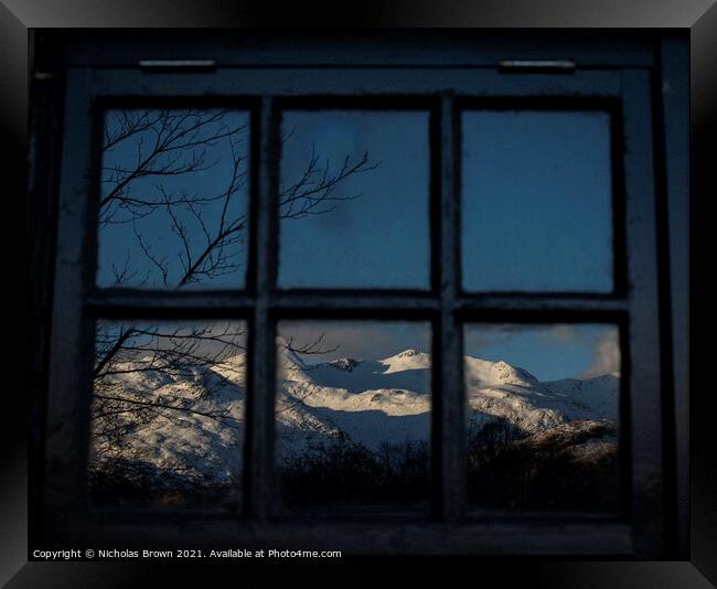 Ben Cruachan reflected in Bothy window Framed Print by Nicholas Brown