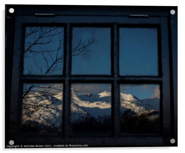 Ben Cruachan reflected in Bothy window Acrylic by Nicholas Brown