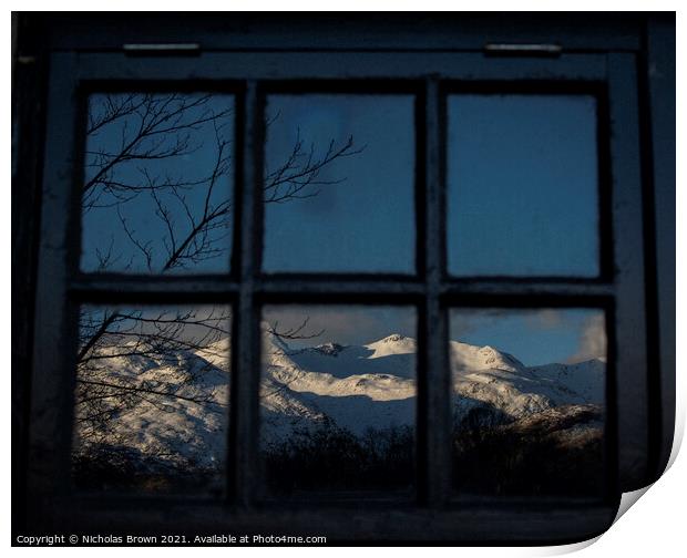 Ben Cruachan reflected in Bothy window Print by Nicholas Brown