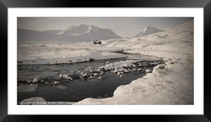 Culra Bothy winter scene Framed Mounted Print by Nicholas Brown