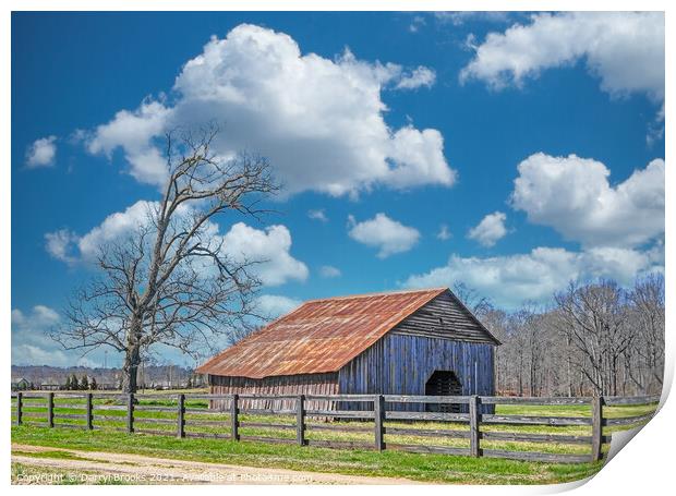 Old Barn Beyond Fence Print by Darryl Brooks