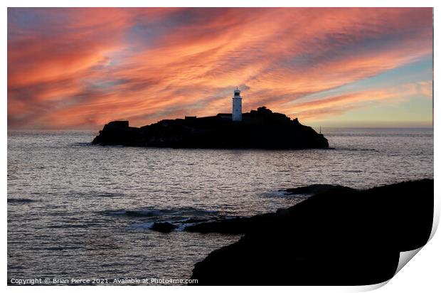 Sunset at Godrevy Lighthouse, St Ives Bay, Cornwal Print by Brian Pierce