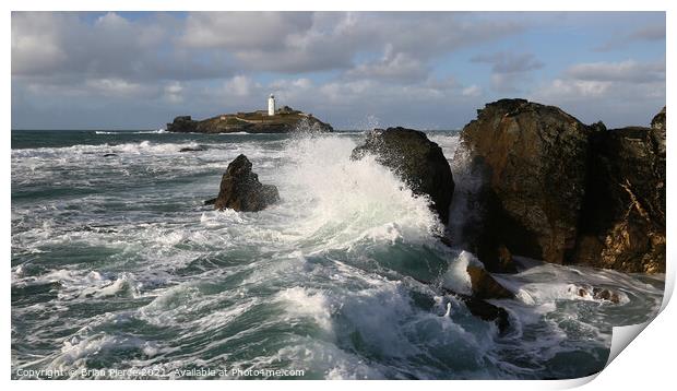 Waves Crashing on Rocks at Godrevy, St Ives Bay Print by Brian Pierce