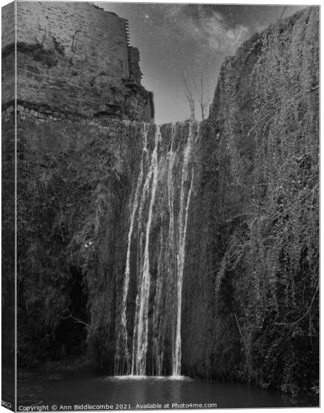 A Waterfall at Saint-Guilhem-le-Désert in black and white Canvas Print by Ann Biddlecombe