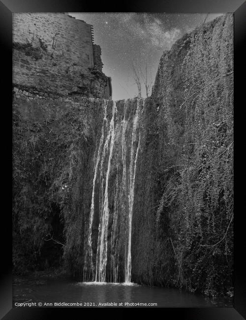 A Waterfall at Saint-Guilhem-le-Désert in black and white Framed Print by Ann Biddlecombe