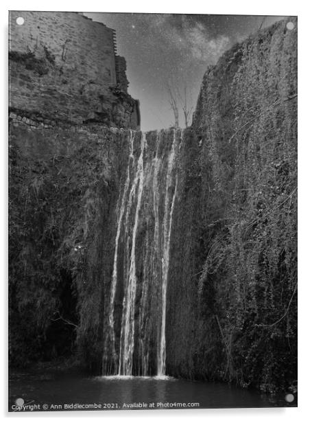 A Waterfall at Saint-Guilhem-le-Désert in black and white Acrylic by Ann Biddlecombe