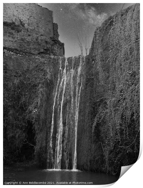 A Waterfall at Saint-Guilhem-le-Désert in black and white Print by Ann Biddlecombe