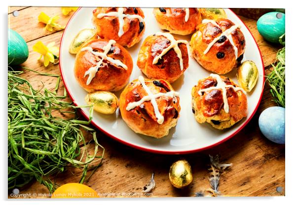 Easter hot cross buns on plate Acrylic by Mykola Lunov Mykola