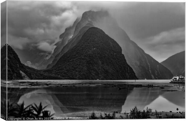 Milford Sound in a cloudy day (black and white) Canvas Print by Chun Ju Wu