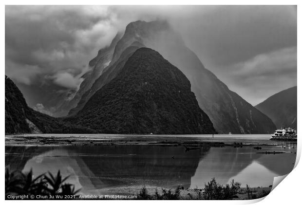 Milford Sound in a cloudy day (black and white) Print by Chun Ju Wu