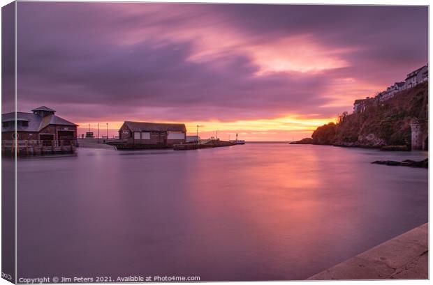 Purple sunrise in Looe Harbour Cornwall Canvas Print by Jim Peters