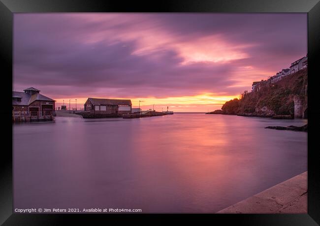 Purple sunrise in Looe Harbour Cornwall Framed Print by Jim Peters