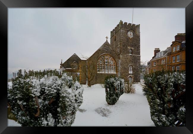 St Mary's Church Lynton in the snow Framed Print by graham young