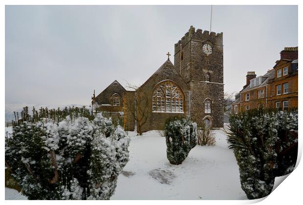 St Mary's Church Lynton in the snow Print by graham young