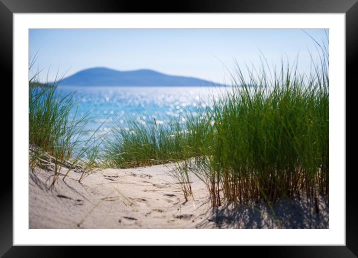 Luskentyre beach with sand dunes, tall grass and blue sky, Scotland. Framed Mounted Print by Andrea Obzerova