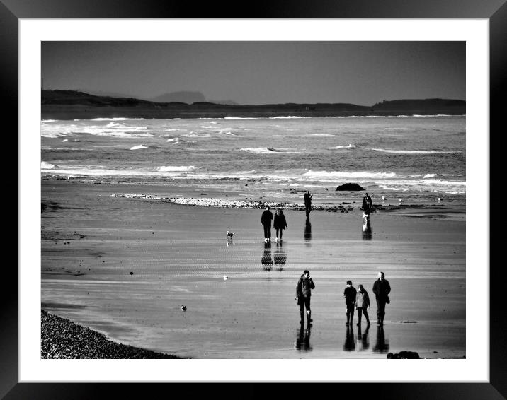 North Norfolk coast with people walking on beach black and white Framed Mounted Print by mark humpage