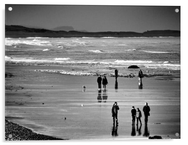 North Norfolk coast with people walking on beach black and white Acrylic by mark humpage