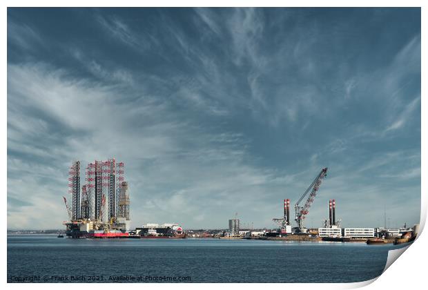 Oil and Wind power rigs in Esbjerg harbor. Denmark Print by Frank Bach