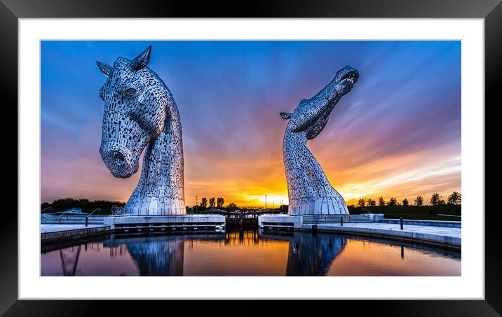 The Kelpies at Sunset at Helix Park Framed Mounted Print by John Frid