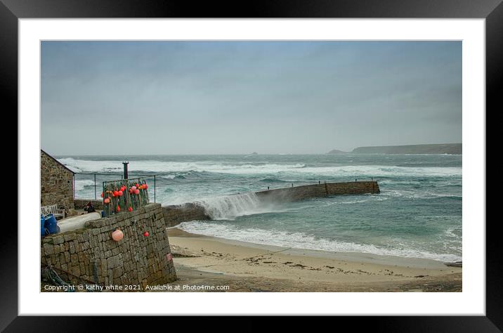 Lands End and Sennen Cornwall storm,cornish seasca Framed Mounted Print by kathy white