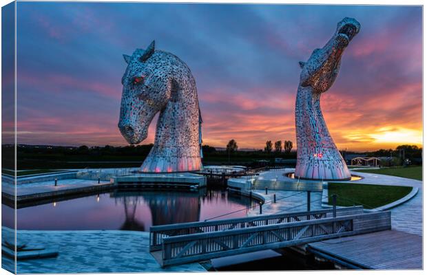 The Kelpies of Falkirk at Sunset Canvas Print by John Frid