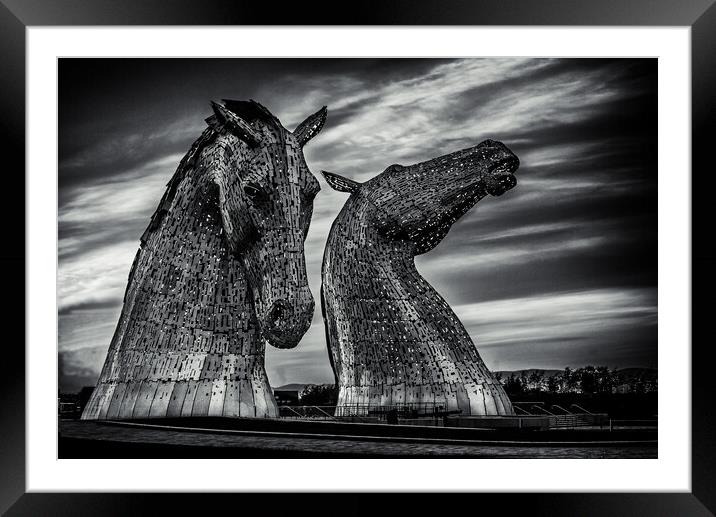 The Kelpies in Black and White Framed Mounted Print by John Frid