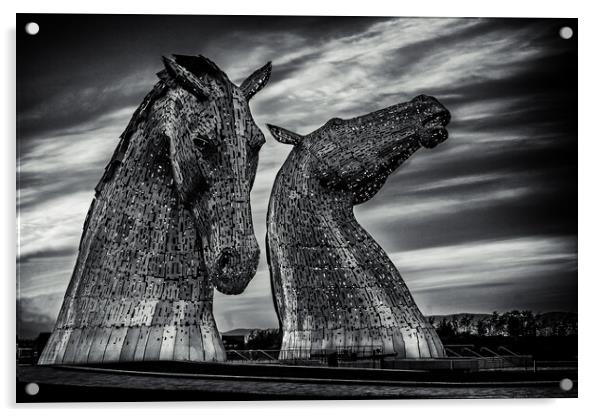 The Kelpies in Black and White Acrylic by John Frid