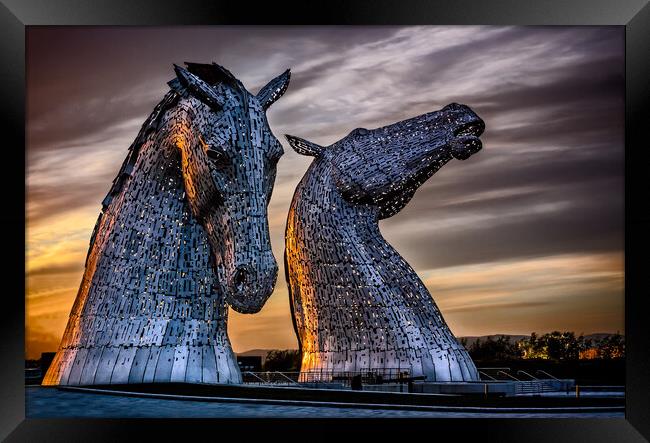 Statues of the Kelpies at Sunset Framed Print by John Frid