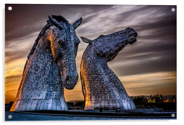 Statues of the Kelpies at Sunset Acrylic by John Frid