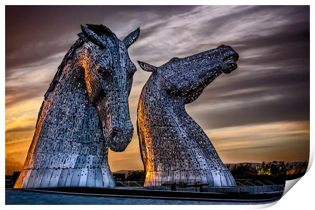 Statues of the Kelpies at Sunset Print by John Frid