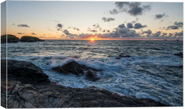 Sunset and Waves in Cornwall Canvas Print by Frank Farrell